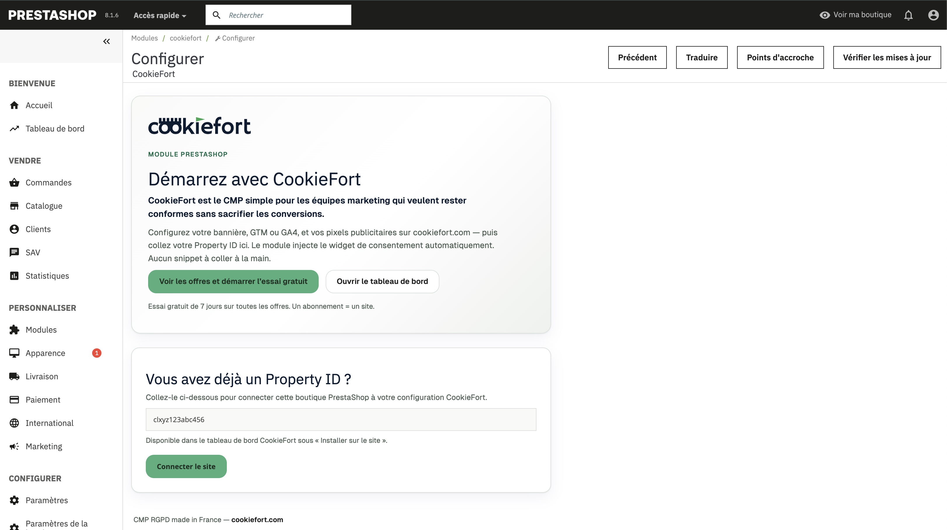 Back-office PrestaShop — configuration du module