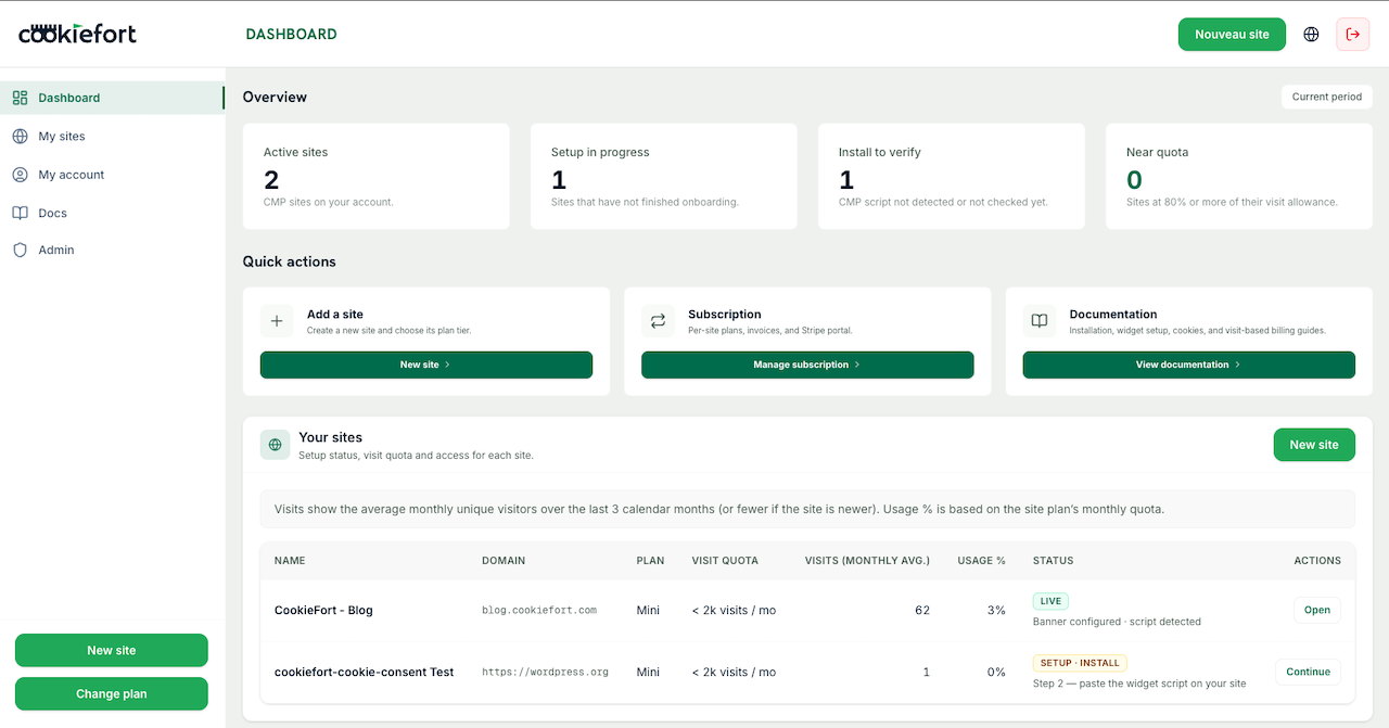 Dashboard CookieFort — configuration de la bannière
