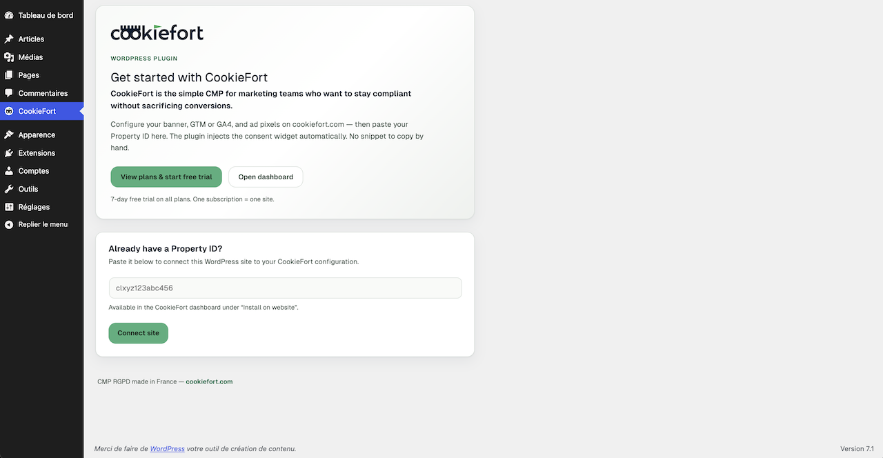 Back-office WordPress — réglage Property ID